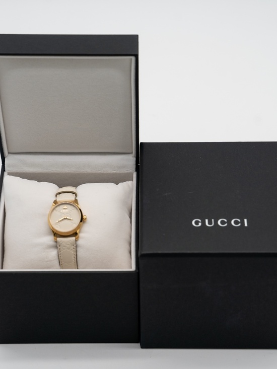Gucci G-Timeless 27mm Gold PVD Bezel Cream Dial Watch YA126580A Leather Strap main image 4